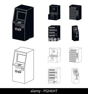 A game machine, a ticket sales terminal, an automaton for selling aqua and chocolate. Terminals set collection icons in black,outline style isometric  Stock Vector