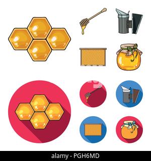 A frame with honeycombs, a ladle of honey, a fumigator from bees, a jar of honey.Apiary set collection icons in cartoon,flat style vector symbol stock Stock Vector