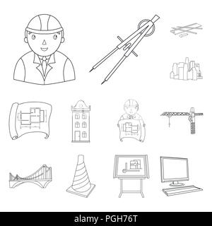 Architecture and construction outline icons in set collection for design. Architect and equipment vector symbol stock  illustration. Stock Vector