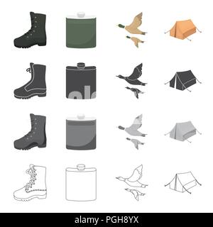 Boots, a hunting flask, a flight of ducks, a tent for rest. Hunting set collection icons in cartoon black monochrome outline style vector symbol stock Stock Vector