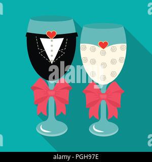 Glass glasses in the clothes of the bride and groom.Wedding single icon in flat style vector symbol stock web illustration. Stock Vector