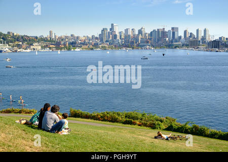 View from grassy knoll across Lake Union from Gas Works Park to downtown Seattle, USA Stock Photo