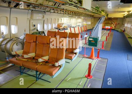 Interior of Boeing 747 (N7 470) Prototype 'City of Everett' (the first jumbo jet) in Aviation Pavilion of Museum of Flight, Seattle, USA Stock Photo