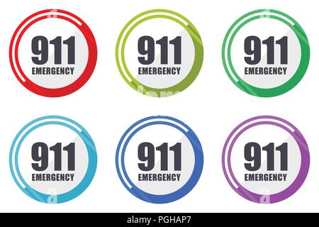 Number emergency 911 flat vector web icon set, colorful round internet buttons in eps 10 isolated on white background Stock Vector