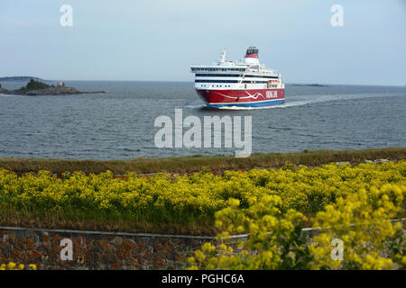 Helsinki, Finland - June 11, 2018: Cruiseferry Viking XPRS of Viking Line going to the port of Helsinki near Suomenlinna fortress. Built in 2008, the  Stock Photo