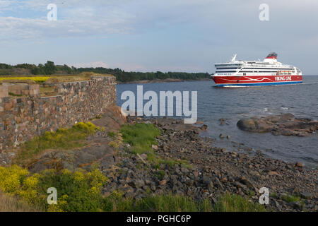 Helsinki, Finland - June 11, 2018: Cruiseferry Viking XPRS of Viking Line going to the port of Helsinki near Suomenlinna fortress. Suomenlinna is UNES Stock Photo