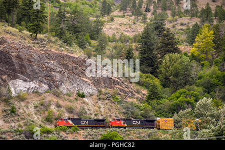 Two CN Railways heavy diesel locomotives hauling a freight train in mountains in British Columbia Stock Photo
