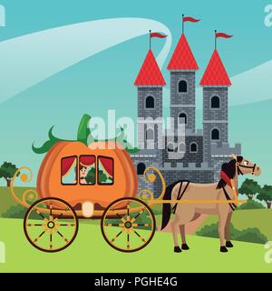 Horse with pumpkin carriage on kingdom vector illustration graphic design Stock Vector