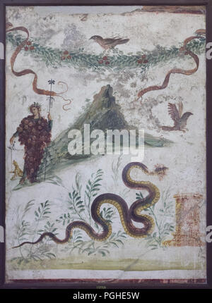 Bacchus and Mount Vesuvius depicted in the Roman fresco from the House of the Centenary (Casa del Centenario) in Pompeii, now on display in the National Archaeological Museum (Museo Archeologico Nazionale di Napoli) in Naples, Campania, Italy. Stock Photo