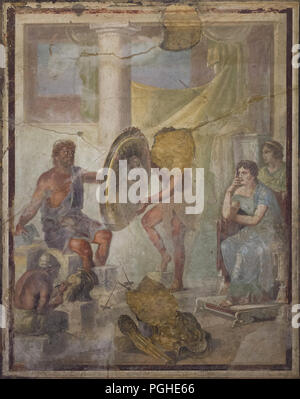 Hephaestus presenting the Arms of Achilles to Thetis depicted in the Roman fresco from the House of the Triclinium (Casa di Bacco) in Pompeii (1-79 AD), now on display in the National Archaeological Museum (Museo Archeologico Nazionale di Napoli) in Naples, Campania, Italy. Thetis, whose image is reflected in the shield, looks carefully at the golden armour that Hephaestus has made for Achilles. Stock Photo