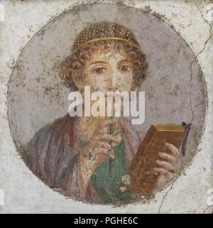 Medallion with a portrait of a young woman with wax tablets and stylus, so-called Sappho, depicted in the Roman fresco from the Insula Occidentalis in Pompeii (55-79 AD), now on display in the National Archaeological Museum (Museo Archeologico Nazionale di Napoli) in Naples, Campania, Italy. Stock Photo