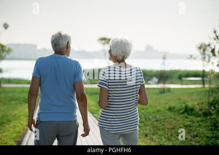 Back view portrait of active senior couple walking on park lane along sea shore outdoors , copy space Stock Photo