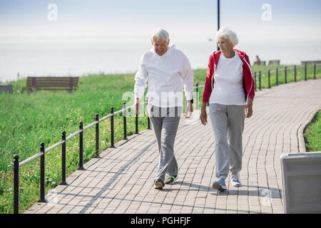 Full length portrait of active senior couple walking in park and smiling happily while chatting on the way, copy space Stock Photo