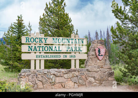 ESTES PARK, CO - JUNE 22, 2018: Welcome sign at the entrance to Rocky Mountain National Park, Colorado Stock Photo