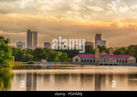 Denver Skyline at Sunset over Ferril Lake in City Park Stock Photo