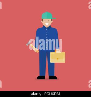 Craftsman character cartoon. Blue collar worker in flat style Stock Vector