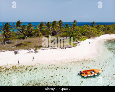 Aerial drone view of tropical islands, turquoise Caribbean sea of Tobago cays, and a family with kids in St Vincent and Grenadines Stock Photo