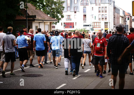 Kaiserslautern, Germany - July 28, 2018: Fans of the soccer club 1. FC Kaiserslautern and TSV 1860 Munich after a match of the 3. Bundesliga on July 2 Stock Photo