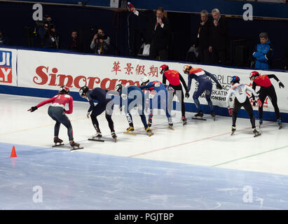 Eight international male short track speed skaters at the starting line in an ISU World Cup 1500 meter race in Montreal in March 17, 2018. Stock Photo
