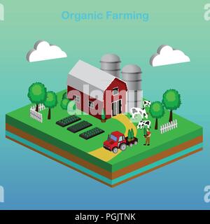 Isometric Red Barn And Trees cows vector illustration Stock Vector