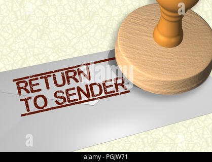 3D illustration of RETURN TO SENDER stamp title on a letter envelope Stock Photo