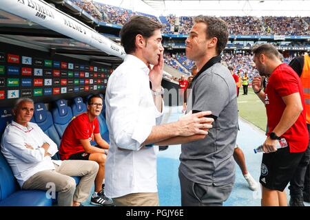 SPAIN - 26th of August: Valencia CF manager Marcelino Garcia Toral  and RCD Espanyol manager Joan Francesc Ferrer Sicilia, 'Rubi' during the match between RCD Espanyol v Valencia for the round 2 of the Liga Santander, played at Cornella-El Prat Stadium on 26th August 2018 in Barcelona, Spain. (Credit: Urbanandsport / Cordon Press) Credit: CORDON PRESS/Alamy Live News Stock Photo