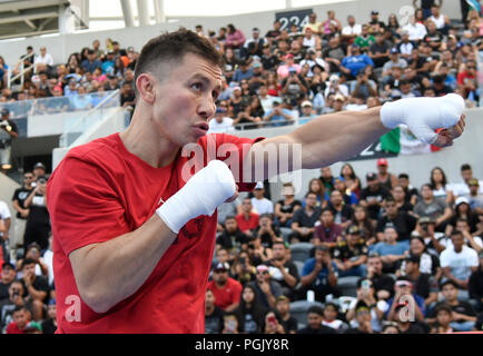 California, USA. 26th Aug, 2018. Los Angeles, CA, USA. 26th Aug, 2018. Middleweight boxing champion Gennady ?GGG? Golovkin workouts for the fans Sunday at Banc of California Stadium. Today GGG and Canelo Alvarez did media day workouts in preparation for their anticipated rematch on September 15 in Las Vegas.Photo by Gene Blevins/LA DailyNews/SCNG/ZUMAPRESS Credit: Gene Blevins/ZUMA Wire/Alamy Live News Stock Photo