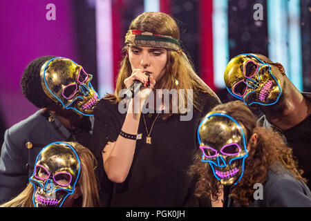 Toronto, Canada. 26th August 2018.   bulow performs on stage during the 2018 iHeartRadio MuchMusic Video Awards Show at MuchMusic HQ on Queen Street in Toronto. Nicole Wilson/L2M/EXimages Stock Photo