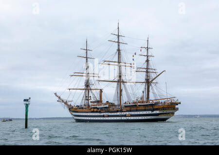 Portsmouth Harbour, UK. 27th Aug 2018. The Amerigo Vespucci a tall ship of the Italian Navy leaving Portsmouth Harbour after a short visit. Credit: David Robinson/Alamy Live News Stock Photo