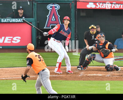 Los Angeles Angels designated hitter Shohei Ohtani hits a double off Houston Astros starting pitcher Justin Verlander in the second inning during the Major League Baseball game at Angel Stadium in Anaheim, California, United States, August 25, 2018. Credit: AFLO/Alamy Live News Stock Photo