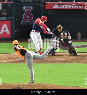 Los Angeles Angels designated hitter Shohei Ohtani hits a two-run home run off Houston Astros starting pitcher Justin Verlander in the fourth inning during the Major League Baseball game at Angel Stadium in Anaheim, California, United States, August 25, 2018. (Photo by AFLO) Stock Photo