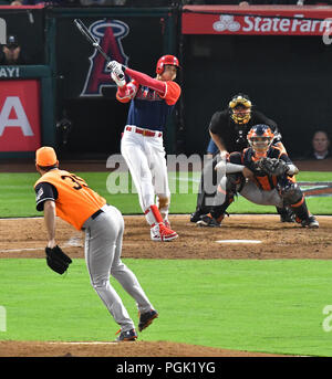 Los Angeles Angels designated hitter Shohei Ohtani hits a two-run home run off Houston Astros starting pitcher Justin Verlander in the fourth inning during the Major League Baseball game at Angel Stadium in Anaheim, California, United States, August 25, 2018. (Photo by AFLO) Stock Photo