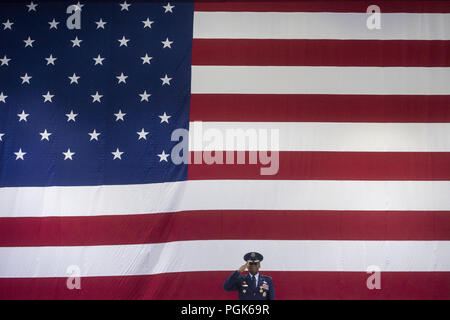 Scott Afb, IL, USA. 24th Aug, 2018. Air Force Gen. Darren W. McDew renders his final salute as commander, U.S. Transportation Command, before relieving command to Army Gen. Stephen R. Lyons during change of command ceremony, at Scott Air Force Base, Aug. 24, 2018. Lyons is the first Army officer to lead the command. (DOD photo by Navy Petty Officer 1st Class Dominique A. Pineiro) US Joint Staff via globallookpress.com Credit: Us Joint Staff/Russian Look/ZUMA Wire/Alamy Live News Stock Photo