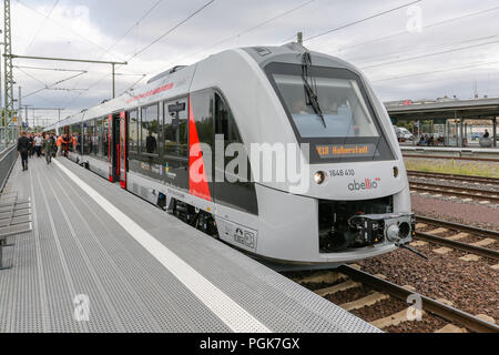 Germany, Magdeburg - 2018-08-27 - Abellio Central Germany presented on 27 August 2018, the new Coradia Lint 41 vehicles for the diesel network Saxony-Anhalt. The vehicles have a particularly comfortable interior and are barrier-free accessible. Stock Photo