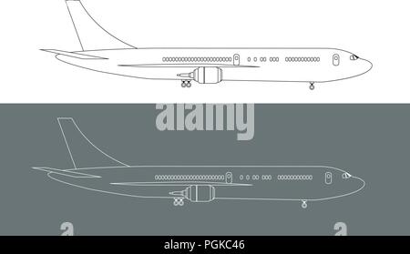 Plane drawn with lines to high detailed side view mock up. Illustrated vector. Stock Vector