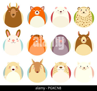 Set of avatars icons in naive hand drawn style with cute animals in retro pastel colors. EPS8 Stock Photo