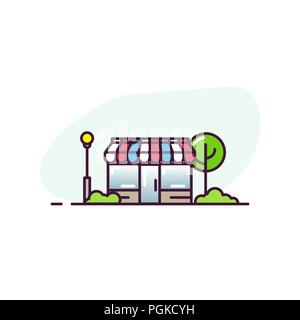Online store building. Line outline vector illustration. Big glass windows and tent. Tree and bushes with street lamp and cloud. Trendy linear retro c Stock Vector