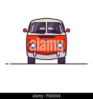 Old style two colors minivan. Front view of red retro hippie bus. Line style vector illustration. Vehicle and transport banner. Retro style old car fr Stock Vector