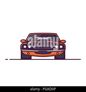 Front view of yellow muscle sport car with muscle, big engine. Challenge car for races. Line style vector illustration. Vehicle and transport banner.  Stock Vector