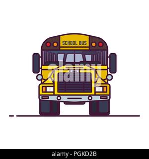 Front view of yellow school bus. Retro transport old style vehicle. Line style vector illustration. Vehicle and transport banner. School transport. Stock Vector