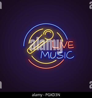 Music live neon sign. Glowing neon sign of big microphone. Live music letters glowing in retro colors. Cafe and bar concept. Stock Vector