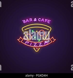 Pizza slice neon sign. Glowing neon sign of big slice of pizza with tomatoes and olives. Bar letters glowing in retro colors. Cafe, pizzeria or bar co Stock Vector