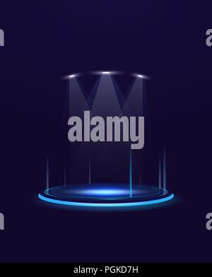 Glowing pedestal with glowing flares and spotlights. Blue neon glowing circles on the floor. Shining projectors from above. Performance or show spot l Stock Vector