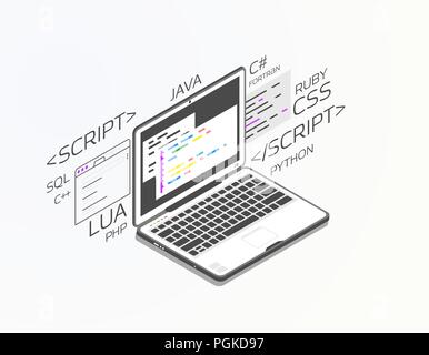 Isometric laptop with software for development. Soft, web or game development software. Web pages and window, and site. Coding notebook concept. Black Stock Vector