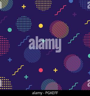 Abstract colorful seamless geometric pattern in retro 80s style. Circle, zigzag, dotted, lines memphis, pop art background. Vector illustration Stock Vector