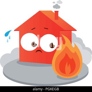 House on fire. Cartoon building burning in flames from natural disaster. Home insurance for fires. Vector illustration. Stock Vector