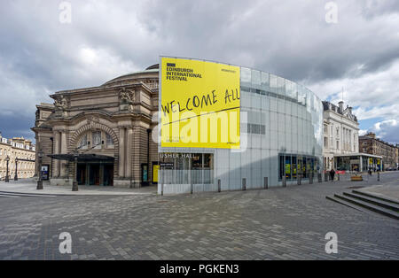 Usher Hall in Lothian Road Scotland UK with Edinburgh International Festival welcome banner during festival and the Lyceum to the right