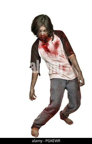 Creepy zombie man with blood on his shirt standing isolated over white background Stock Photo