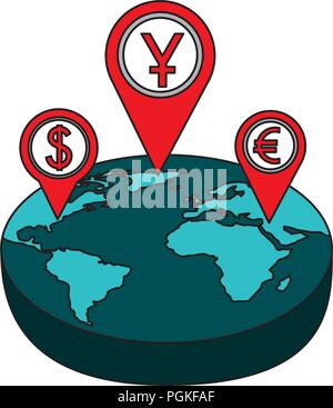 world isometric pointer location dollar yen euro money Stock Vector