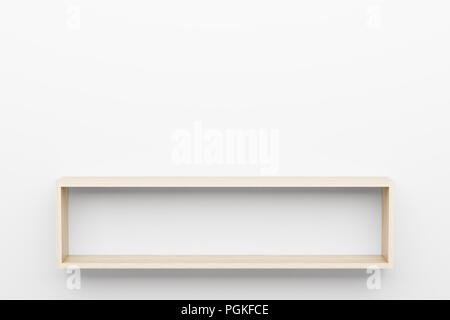 empty wooden shelves on white wall with light from the top. 3d ...